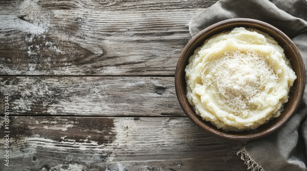 Creamy Mashed Potatoes in Wooden Bowl on Table Creamy Mashed Potatoes in Wooden Bowl on Table