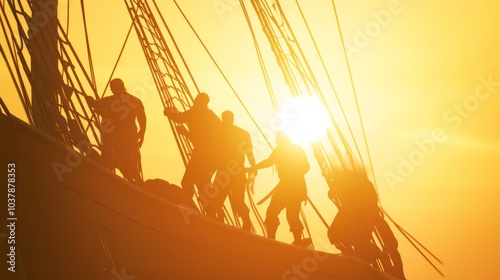 Determined Pirate Crew Hoisting Sails at Sunrise with Endless Ocean View - Ultra-Detailed Adventure Scene