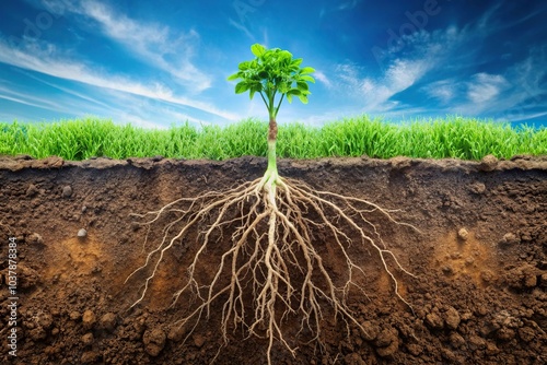 Close-up of plant roots in rich soil showing subsurface root structure photo