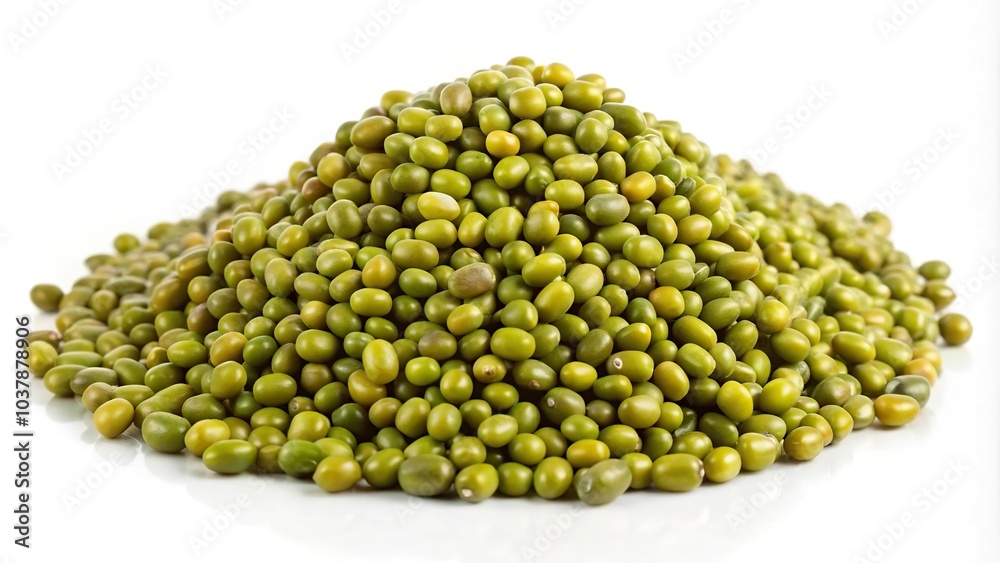 Close-up of raw green mung beans isolated on white background Close-up of raw green mung beans isolated on white background