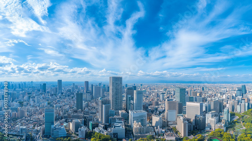 Aerial View of a Modern City Skyline Under a Clear Blue Sky