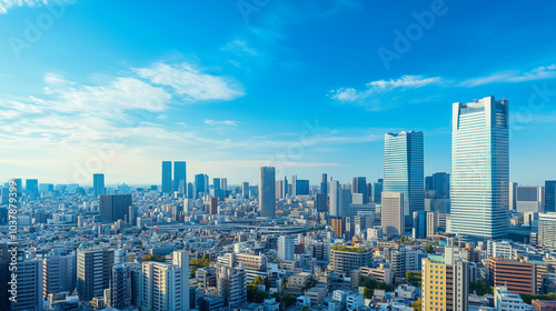 Aerial View of a Modern City Skyline Under a Clear Blue Sky