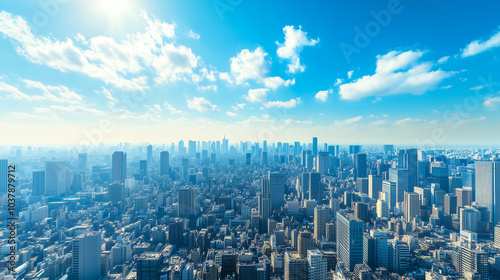 Aerial View of a Modern City Skyline Under a Clear Blue Sky