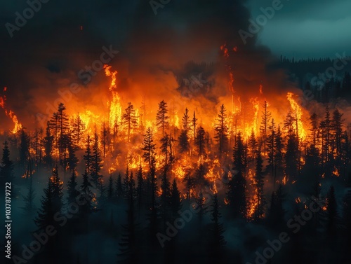 devastating wildfire rages through a dense forest, with flames engulfing trees, thick smoke billowing into the sky, creating a dramatic and alarming scene of nature's fury