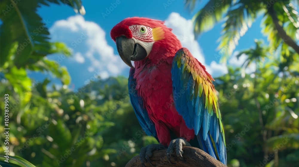 Obraz premium Majestic Parrot on Pirate's Shoulder Amidst Lush Jungle and Azure Ocean Background - Ultra-Detailed Image