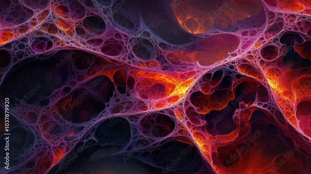 An enchanting display of organic textures emerges with coral-like shapes in deep red and burgundy, highlighted by luminous orange veins and soft gradients. Generative AI An enchanting display of organic textures emerges with coral-like shapes in deep red and burgundy, highlighted by luminous orange veins and soft gradients. Generative AI