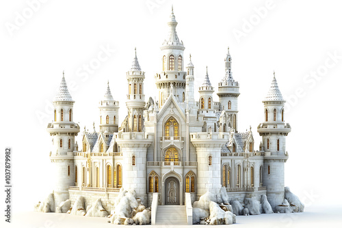 A majestic white castle with intricate towers and elegant design, set against a bright background.