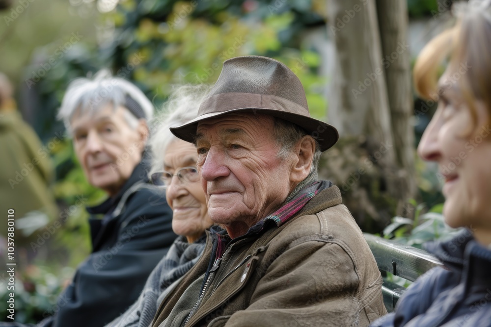 Portrait of an elderly couple sitting on a bench in the park Portrait of an elderly couple sitting on a bench in the park