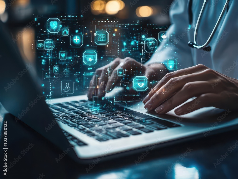 doctor utilizing advanced medical technology on a laptop, with health icons appearing on a virtual interface, emphasizing the modern intersection of medicine and digital healthcare doctor utilizing advanced medical technology on a laptop, with health icons appearing on a virtual interface, emphasizing the modern intersection of medicine and digital healthcare