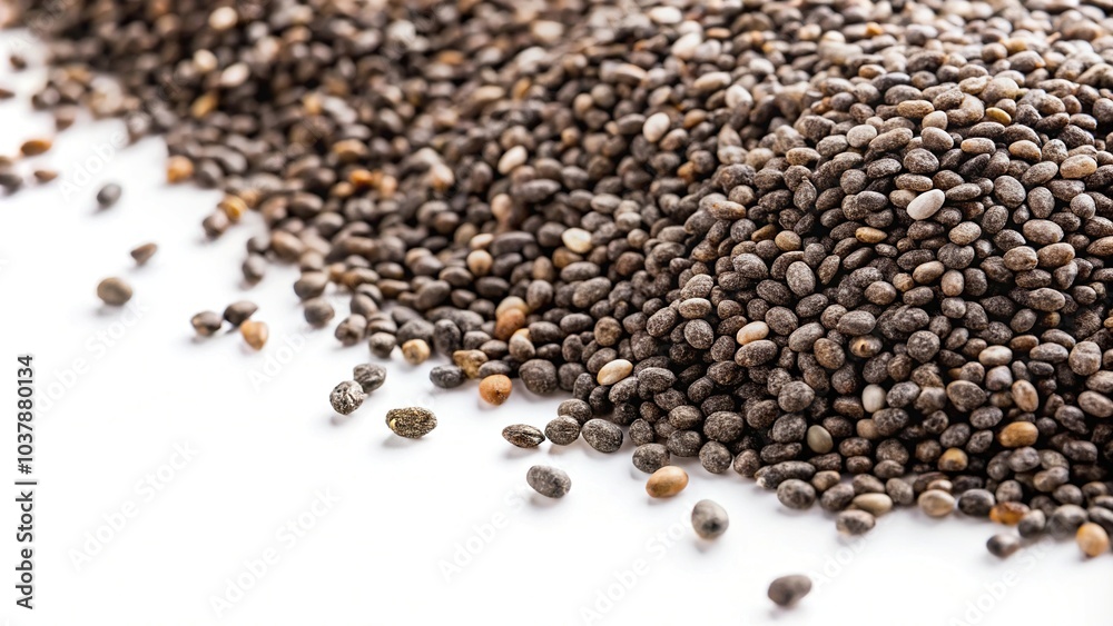 Close-up of scattered chia seeds on white background with shallow depth of field Close-up of scattered chia seeds on white background with shallow depth of field