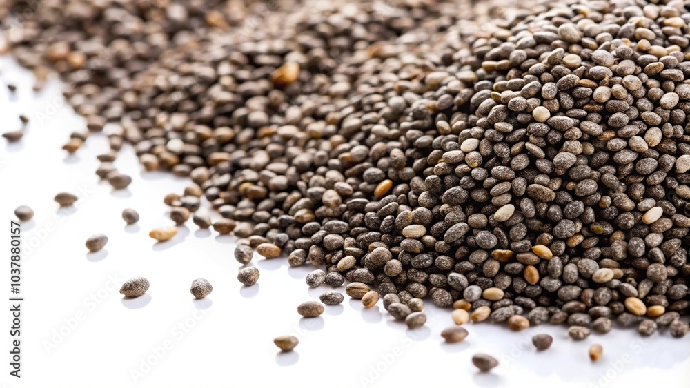 Closeup of scattered chia seeds on white background Closeup of scattered chia seeds on white background