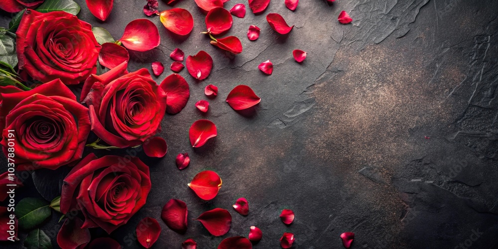 close-up of scattered red roses and rose petals on dark background close-up of scattered red roses and rose petals on dark background