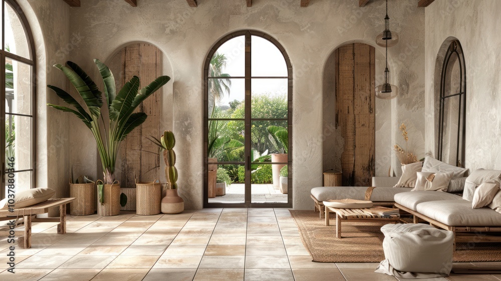 Fototapeta premium Modern Minimalist Living Room with Arched Windows