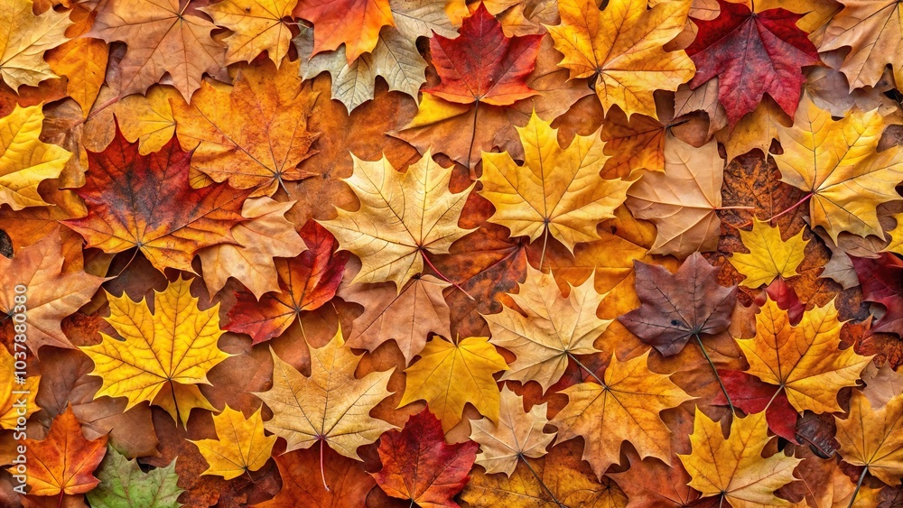 Autumn leaves scattered on ground, seasonal tessellation, forced perspective Autumn leaves scattered on ground, seasonal tessellation, forced perspective