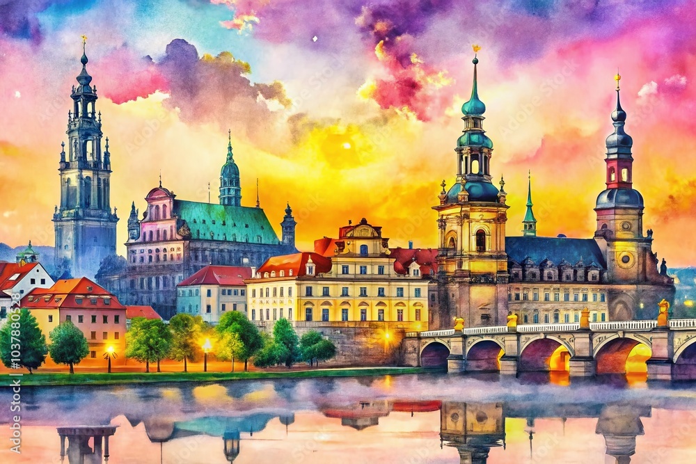 Fototapeta premium Breathtaking watercolor illustration of Dresden's skyline, ideal for home decor and travel enthusiasts. This cityscape
