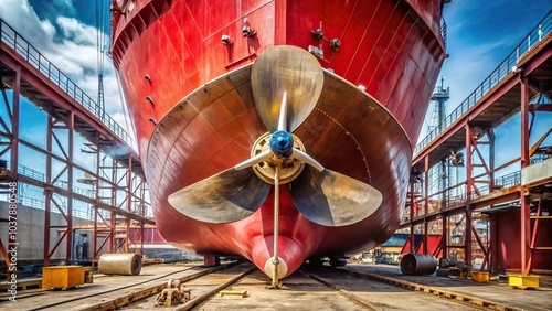 Close-up of ship in dry dock with bronze propeller and rudder, red hull photo