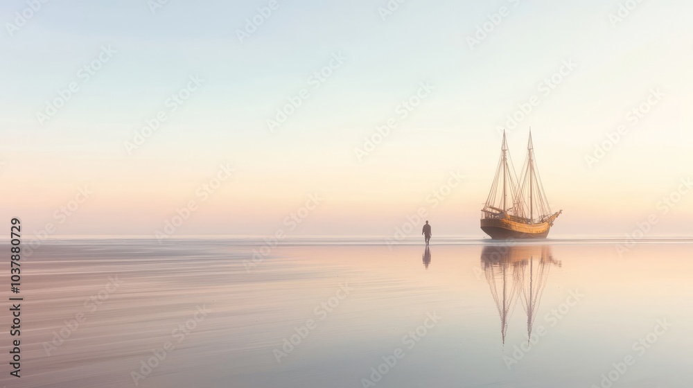 Fototapeta premium Reflections of a Lone Wanderer: Tranquil Beach at Dawn with Pirate Ship on Horizon - Ultra-Detailed Serenity and Contemplation Photo