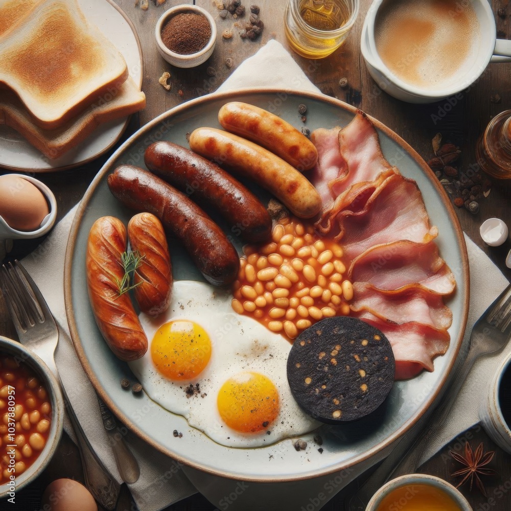 Iconic English breakfast plate showcasing eggs, sausage links, beans, crispy bacon Iconic English breakfast plate showcasing eggs, sausage links, beans, crispy bacon