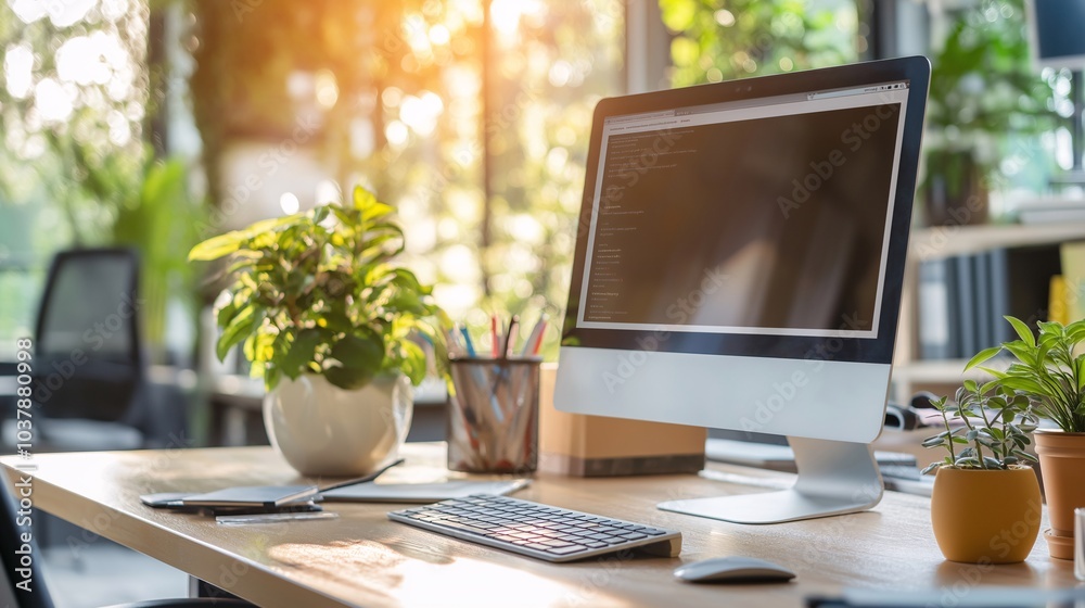Sunlit Workspace: Modern Office Desk with iMac, Plants, and Workspace Essentials Sunlit Workspace: Modern Office Desk with iMac, Plants, and Workspace Essentials