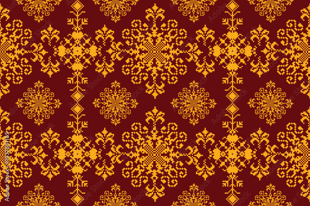 Elegant Golden Pixel Pattern on Deep Red Background - Ornamental Seamless Vector by Affinity Designer Elegant Golden Pixel Pattern on Deep Red Background - Ornamental Seamless Vector by Affinity Designer