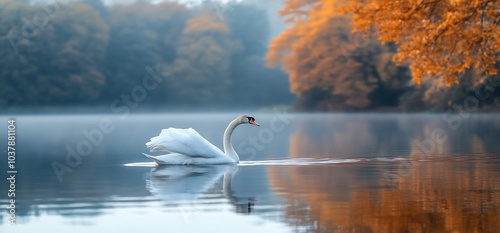 A graceful white swan glides through tranquil water, its reflection mirroring the calm serenity of the autumnal scene.