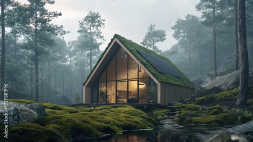 An eco-friendly, sustainable wooden cabin deep in a forest, with green roofs and solar panels. Large glass walls bring nature indoors. Scandinavian-inspired minimalist design, soft natural lighting