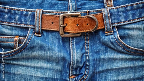 Closeup of symmetrical blue jeans with belt and pocket