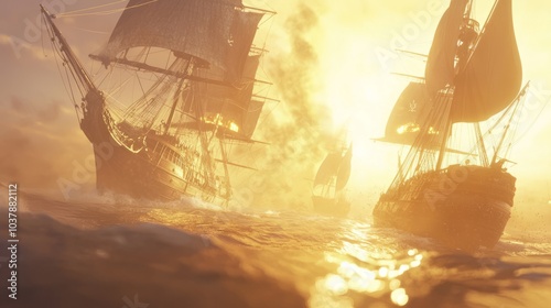 Epic Pirate Battle on the High Seas with Billowing Sails and Cannon Fire - Ultra-Detailed Nautical Warfare Image photo