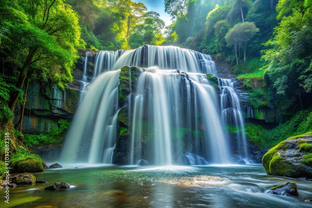 Fototapeta premium Close-up waterfall in forest with powerful serene presence, tranquil renewal
