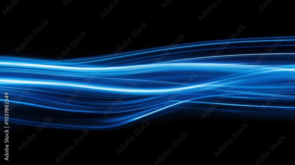 Naklejka premium Experience the mesmerizing flow of blue waves as they dance across a dark backdrop, embodying the fusion of light technology and abstract art, perfect for innovative projects. Generative AI