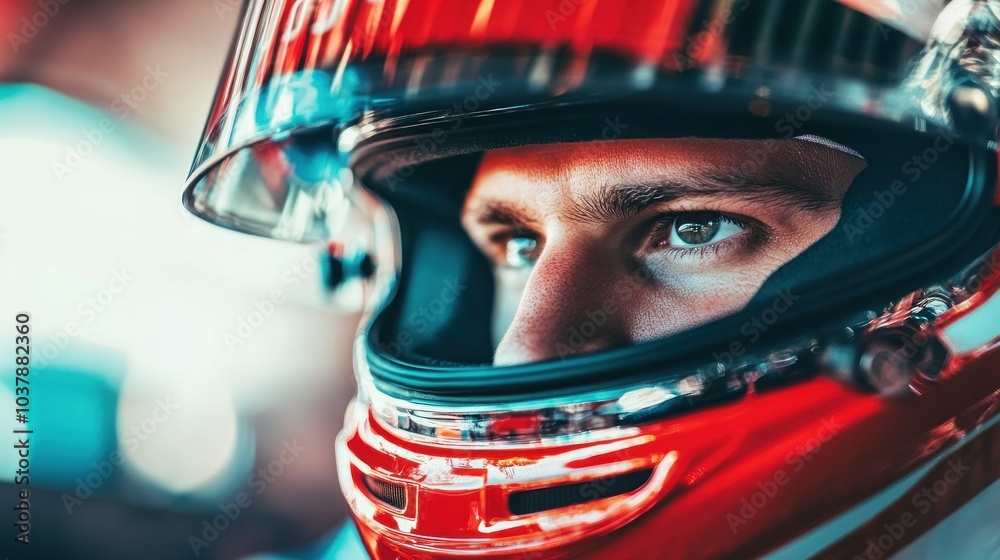 Close-Up Portrait of a Focused Racer in Red Helmet with Reflective Visor Captured in Vivid Colors Close-Up Portrait of a Focused Racer in Red Helmet with Reflective Visor Captured in Vivid Colors