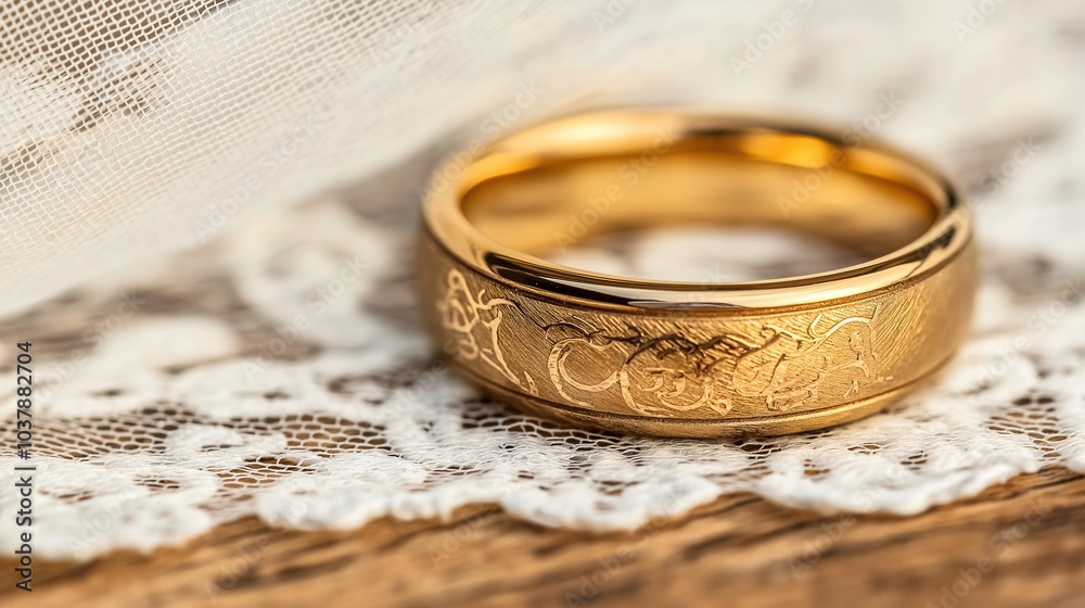 Eternal Promise: A delicate, engraved wedding band rests on a lace background, symbolizing the enduring bond of love and commitment. The golden ring, a timeless symbol of marriage. Eternal Promise: A delicate, engraved wedding band rests on a lace background, symbolizing the enduring bond of love and commitment. The golden ring, a timeless symbol of marriage.