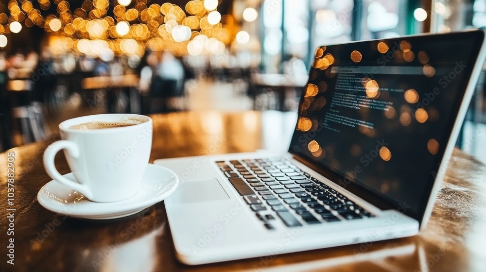 Laptop and Coffee in Cafe Cozy Work Space Freelancing Remote Work Digital Nomad Laptop and Coffee in Cafe Cozy Work Space Freelancing Remote Work Digital Nomad