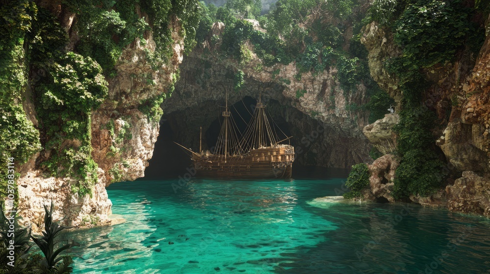 Obraz premium Enigmatic Pirate Cove: Secret Turquoise Waters & Ship in Surreal Landscape