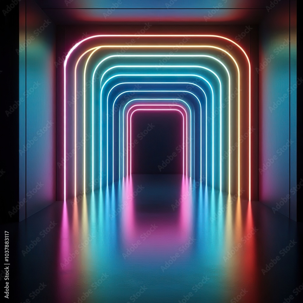 A dark tunnel illuminated by multicolored neon lamps with reflections on the walls, set against a black background