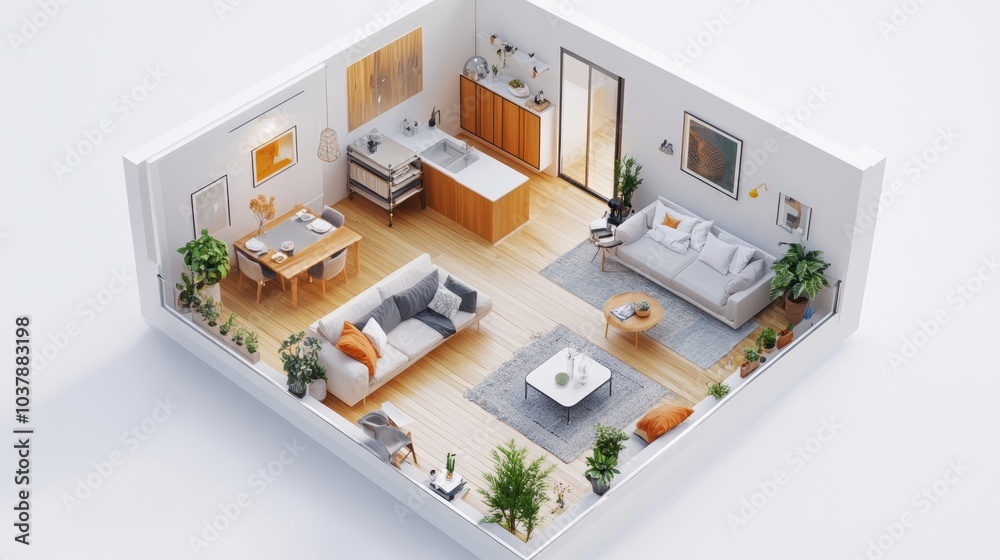 isometric view of a modern apartment interior, featuring a single-floor layout. The design includes a stylish living room with furniture, a accent wall, and an open-plan kitchen and a dining area. isometric view of a modern apartment interior, featuring a single-floor layout. The design includes a stylish living room with furniture, a accent wall, and an open-plan kitchen and a dining area.