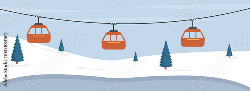 Sky lift in the winter season. Cable car illustration. Sky lift transport. Mountain transport. Cable car through river and the hill. Winter landscape. Winter illustration. Winter tree. Gondola lift
