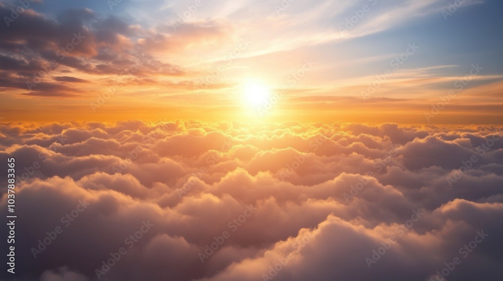 A stunning sunrise unfolds above a vast expanse of fluffy clouds, casting warm golden hues across the sky, creating an awe-inspiring moment of peace. Generative AI A stunning sunrise unfolds above a vast expanse of fluffy clouds, casting warm golden hues across the sky, creating an awe-inspiring moment of peace. Generative AI