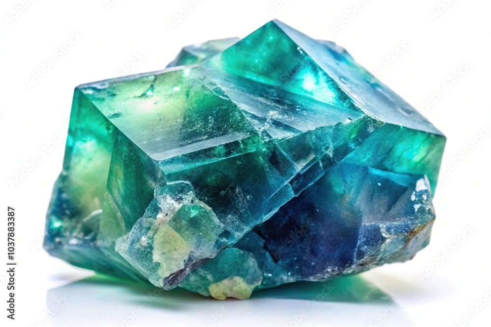 Close up of blue and green fluorite crystal on white background Macro Close up of blue and green fluorite crystal on white background Macro