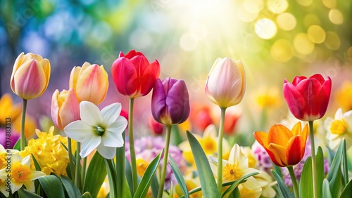 Close-Up of tulip daffodils and defocused colored flowers in spring garden with white background on the right