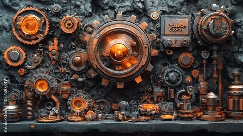 Steampunk industrial gear system with glowing orange lights and intricate mechanical parts. Generative AI