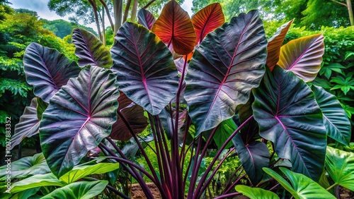 Captivating front perspective of Colocasia Esculenta Black Magic, this exotic plant PNG enhances creative designs with