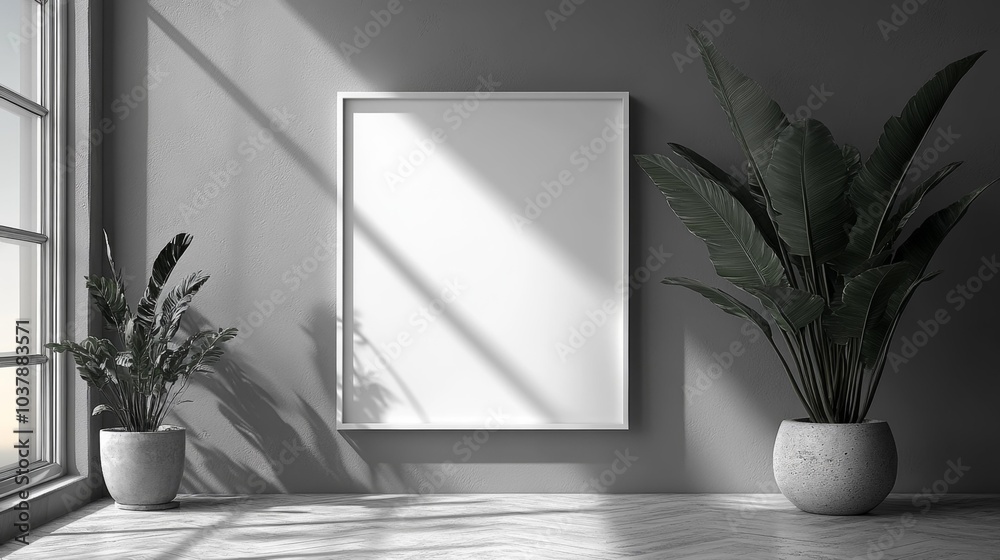 Minimalist Indoor Design with Empty Picture Frame and Green Plants in Pots. Generative AI Minimalist Indoor Design with Empty Picture Frame and Green Plants in Pots. Generative AI