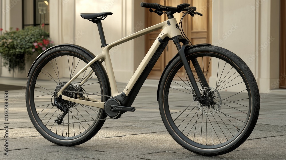 Modern Electric Bicycle with Beige Frame and Black Tires Modern Electric Bicycle with Beige Frame and Black Tires