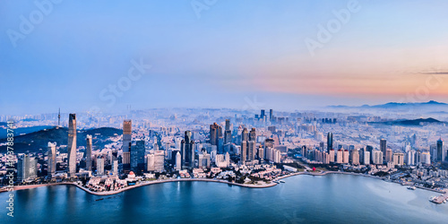 Aerial photography of the early morning scenery of the Fushan Bay Coastal Architecture Complex in Qingdao, Shandong, China photo