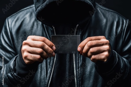 Mysterious Figure Holding a Black Card in Dark Hooded Attire