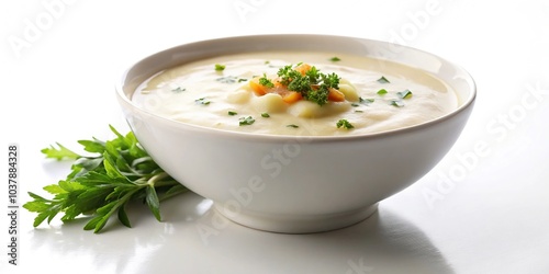 Creamy mashed potato soup with blurred background