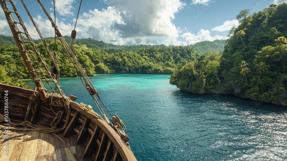 Naklejka premium Mystical Pirate Ship Deck View of Lush Island Paradise with Sparkling Lagoon - Ultra-Detailed Adventure Scene for Exploration Enthusiasts
