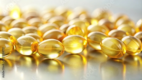 Close-up of vitamin D capsules on a light background