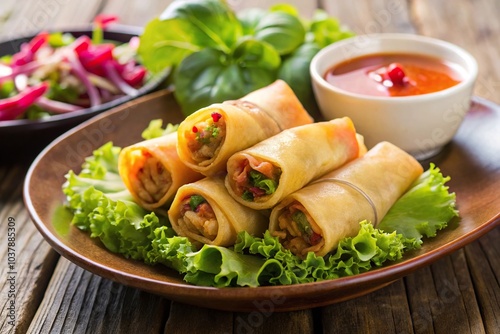 Delicious spring rolls with fresh salad and flavorful sauce